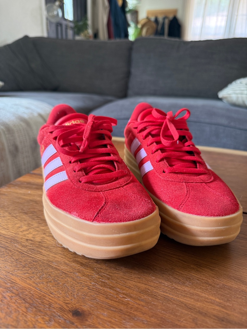 adidas Women’s Red Suede Platform Sneakers with White Stripes